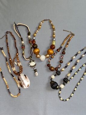 7 Pc Boho Chunky Eclectic Bead Stone Wood Statement Necklaces Neutral Jewelry